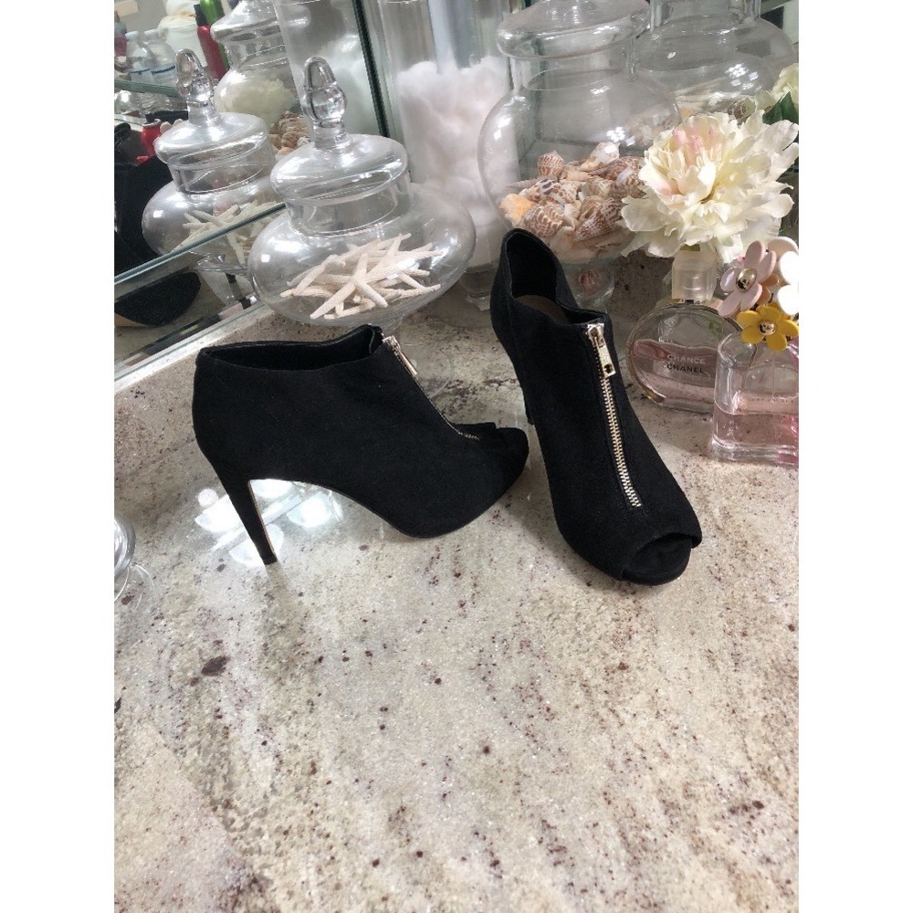 Ann Taylor Suede Zip Open Toe Boots Size 8.5 Black 4.5" Stiletto Heel Booties